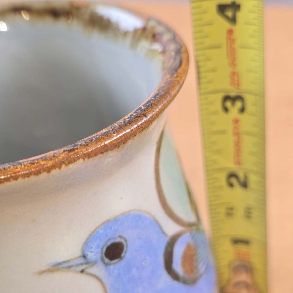 Tonala small 4" Ceramic Mug Blue Green Bird Flowers Hand-Painted Mexico Vtg Dish - Picture 6 of 9